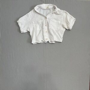 Love Notes Women White Gauze Cotton Cropped Button Down Shirt Short Sleeve Large